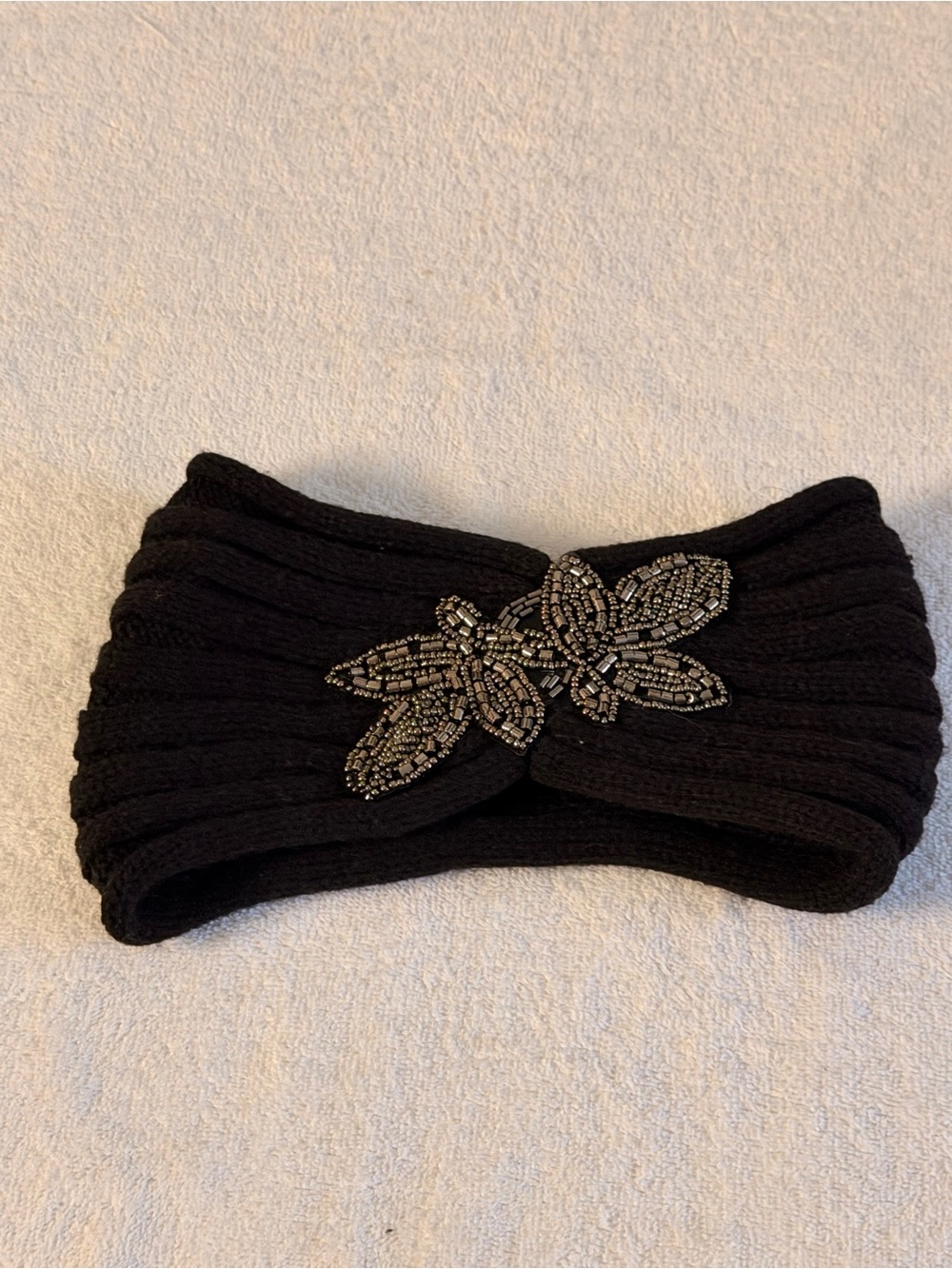 & Other Stories Black Ribbed Headband with Beaded Floral Accent